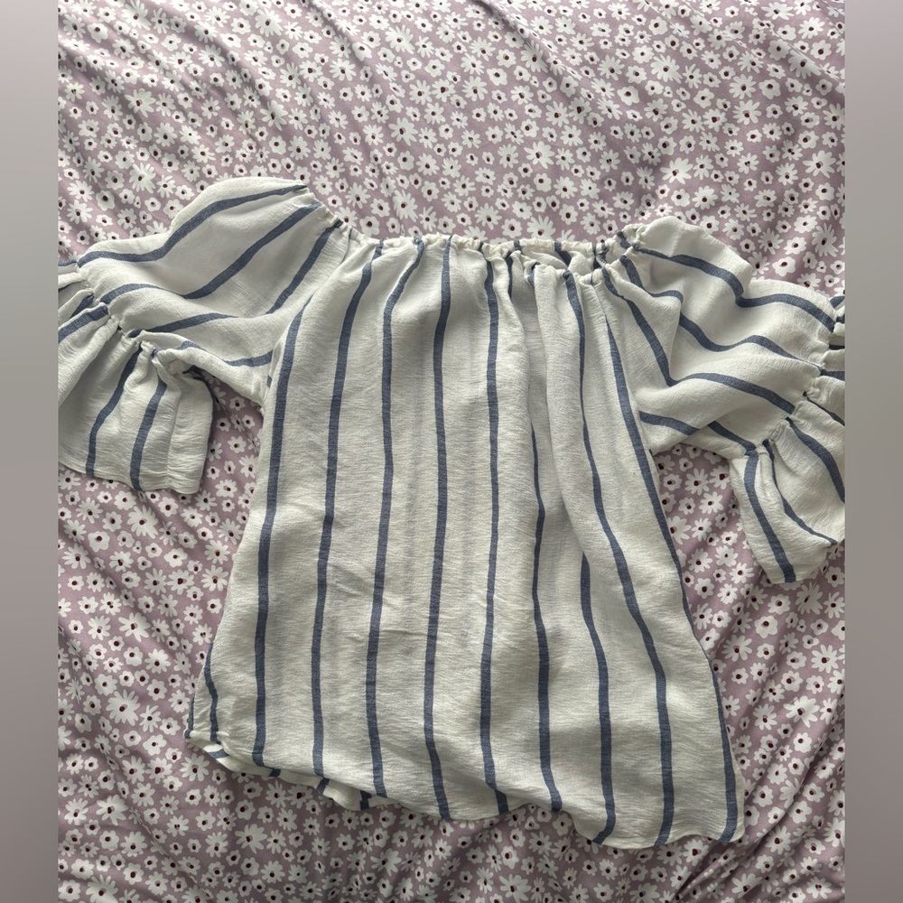 Olivaceous Off-Shoulder Blouse with Blue Stripes